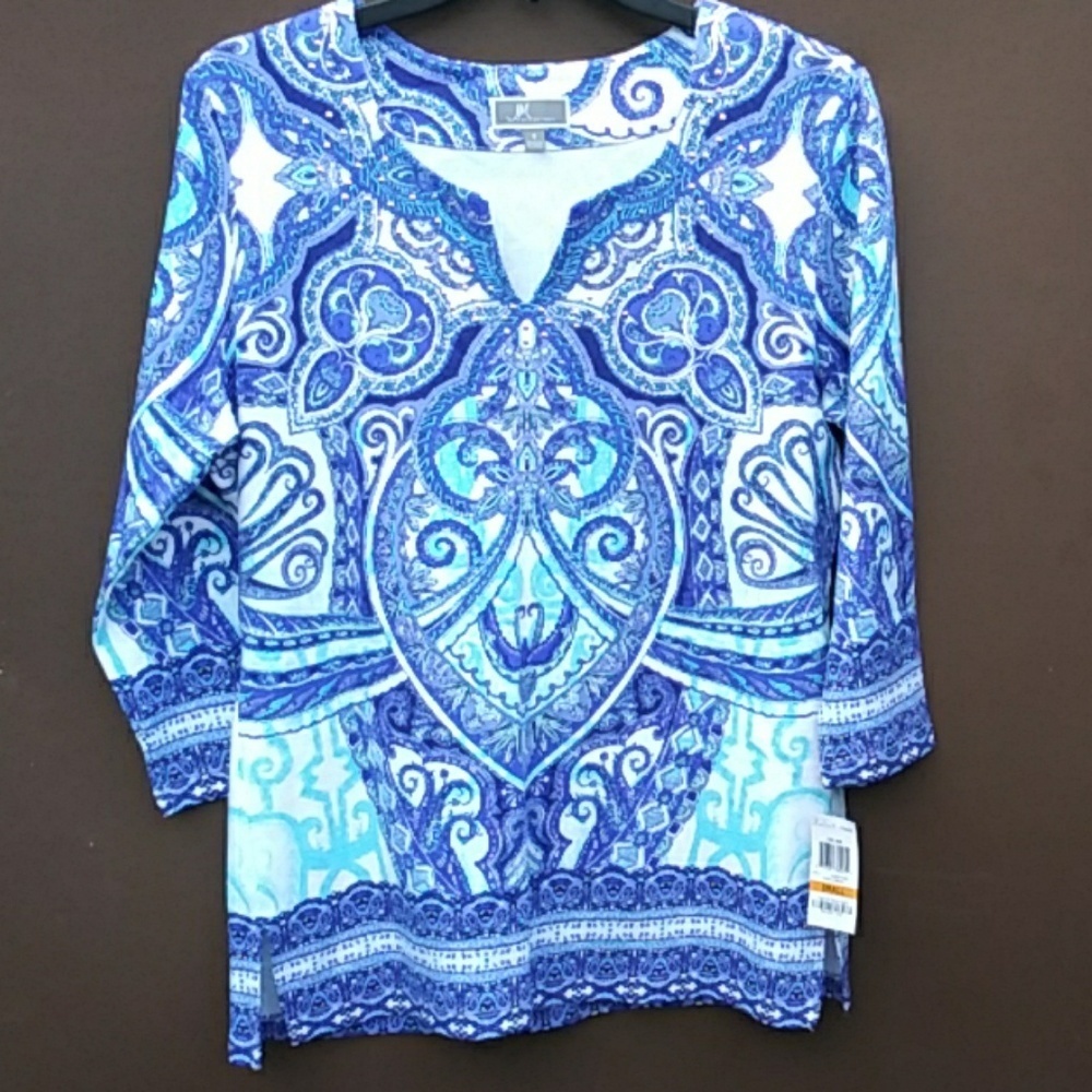 JM Collection Split-Neck Embellished Top Sz S